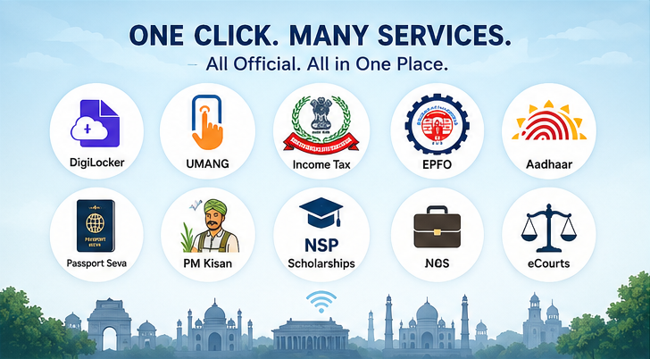 Icons representing Aadhaar, passport, tax, DigiLocker, jobs, scholarships, and India Post
